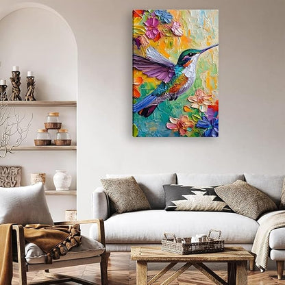 2D No Texture Colorful Painting Hummingbird Canvas Wall Art, Spring Flower Wall Decor, Cute Poster Hummingbird Picture for Wall Living Room Bathroom Bedroom Home Decoration 16*24 in (Poster No Frame)