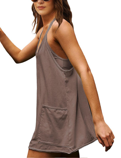 Lentta Womens Athletic Sleeveless Mini Dress with Built-in Shorts V Neck Spaghetti Strap Sundress(LightCoffee-L)