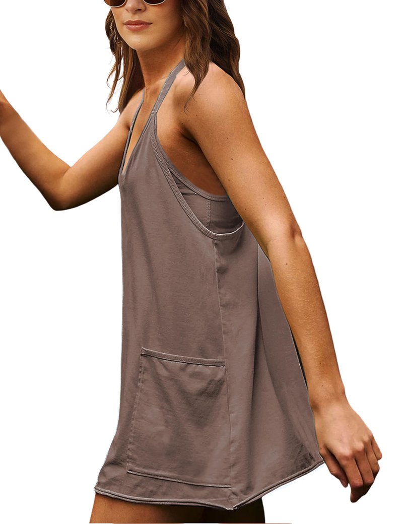 Lentta Womens Athletic Sleeveless Mini Dress with Built-in Shorts V Neck Spaghetti Strap Sundress(LightCoffee-S)