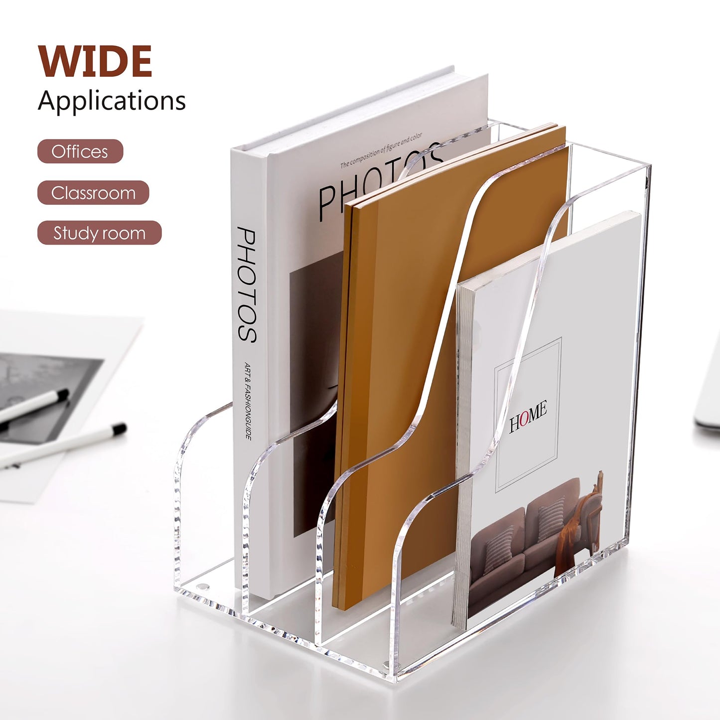 SANRUI Acrylic File Organizer, Compact Desk Organizer for Folders, Binders, Notebooks, Envelopes, Clear Magazine File Holder, 3 Section Bookshelf for School Home Office Organization, A4 Size