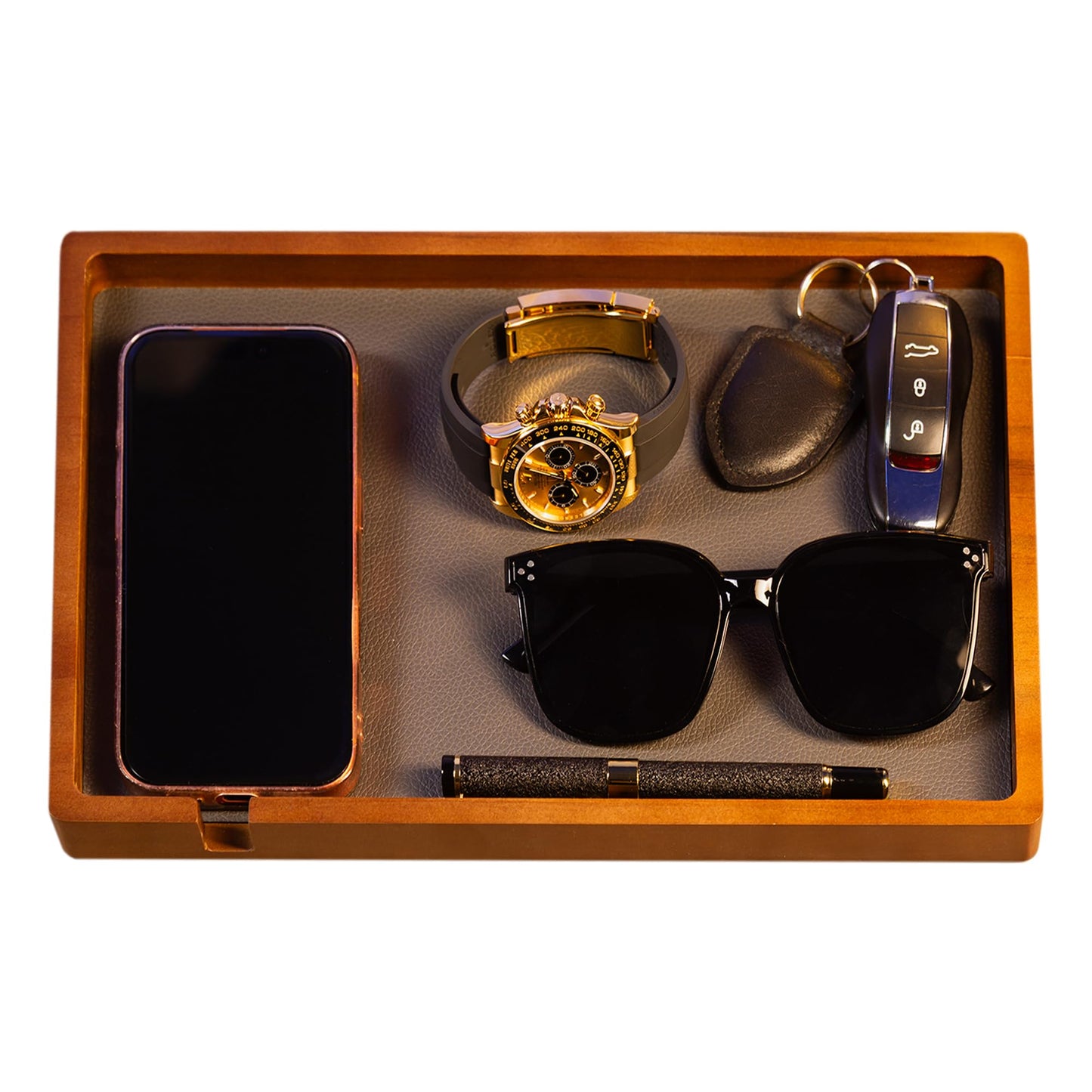 Shinpuru Wooden Valet Tray for Men, Nightstand Organizer with Leather Inlay, EDC Essentials Catchall Tray for Keys, Phone, Wallet, Watch, Earbuds - Bedside Desk Entryway Tray (Wood-Full)