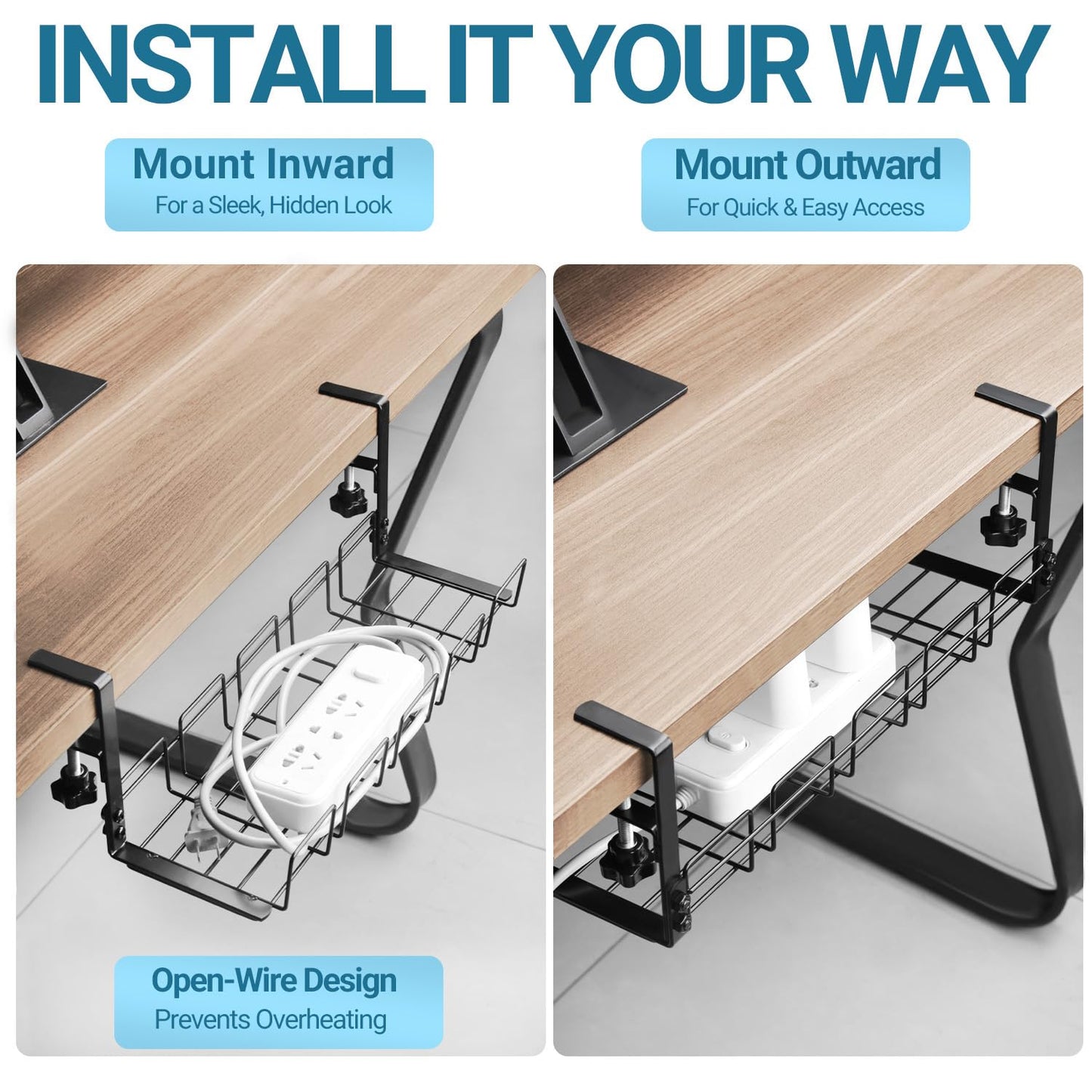 Under Desk Cable Management Tray, 15.7'' Metal Wire Organizer with Clamp, No Drill Desk Cord Rack for Cable Management, Computer Wire Organizer for Office and Home – Sturdy & Scratch-Free