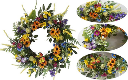 22 Inch Spring Summer Wreath for Front Door,Sunflower and Daisy with Eucalyptus Leaves,Mixed Flower,Fairy Lights,Artificial Wreath for Front Door Spring Outdoor Home Decor Easter Decor
