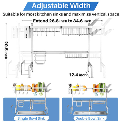 Over The Sink Dish Drying Rack, Full Stainless Steel 2-Tier Kitchen Counter Dish Drainer Rack Adjustable (33.8 to 41.5 inch), Expandable Dish Drying Rack with Kitchen Accessories, Silver
