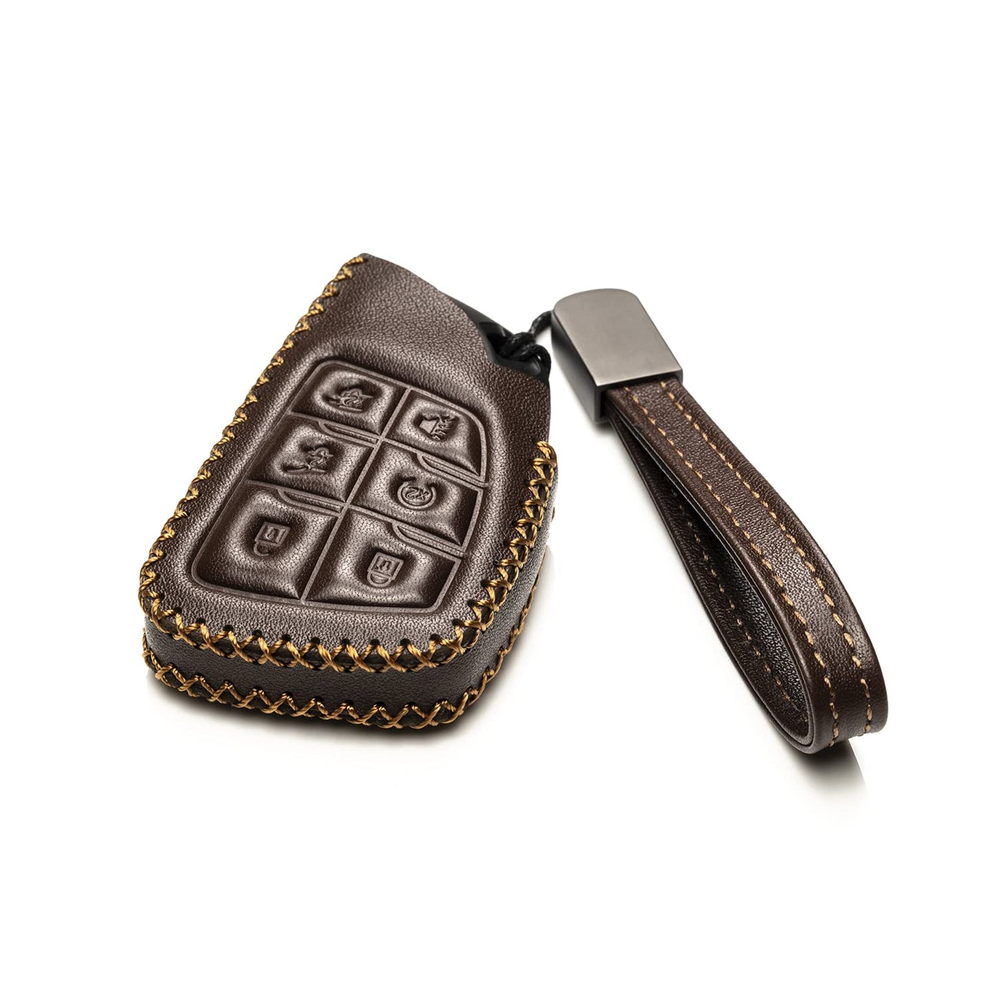 Vitodeco Leather Smart Key Fob Case Cover Protector Compatible with Chevrolet Silverado, Colorado, Suburban, Tahoe, Blazer, Equinox, Traverse - 6-Button, Brown