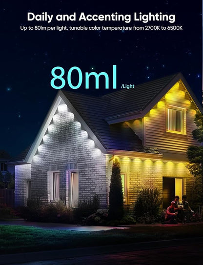 APPECK Permanent Outdoor Lights Pro 200ft, 144W RGBCW Eaves Lights with 144 LED Lights, 80lm, Cuttable, 111 Scene Modes, IP67 Waterproof Lighting for Halloween Decoration, Work with Alexa, White