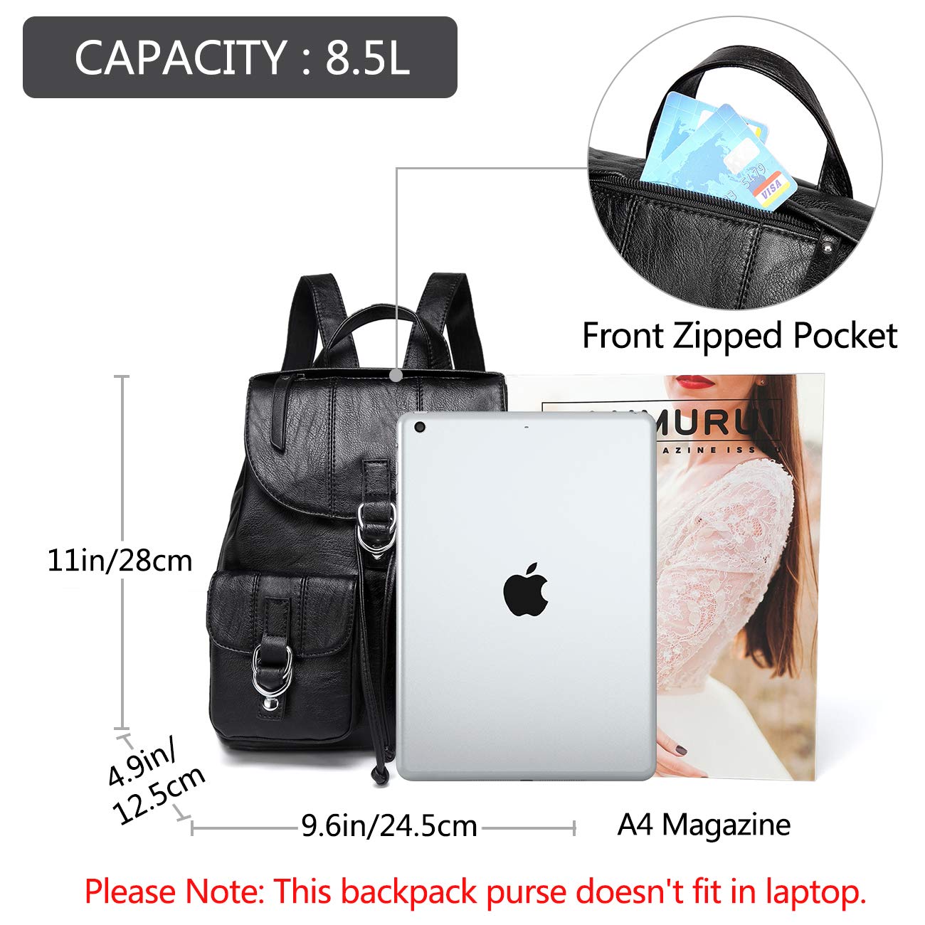 VASCHY Mini Backpack Purse for Women, Fashion Faux Leather Buckle Flap Drawstring Backpack for College with Two Front Pockets Black