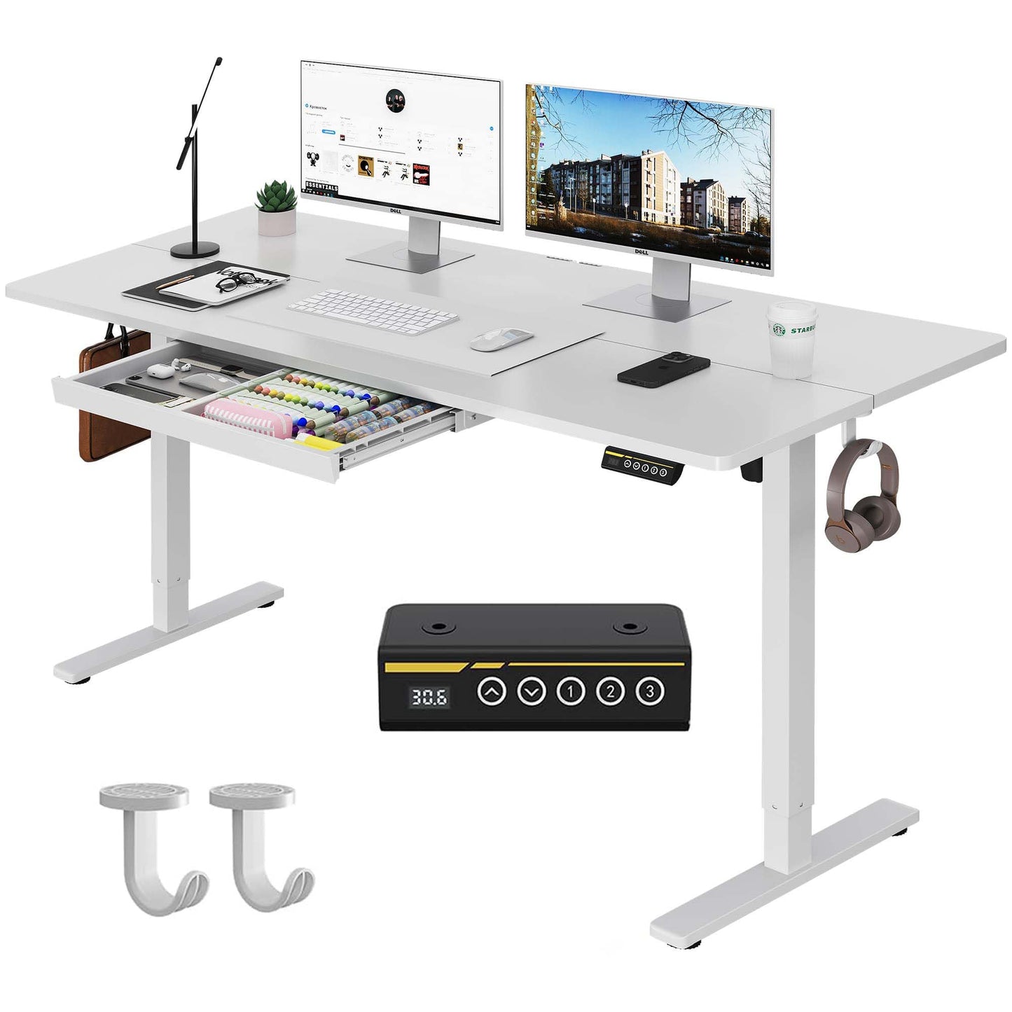 Gamork Electric Standing Desk with Drawers,55x24 inches Height Adjustable Sit-Stand Desk with Storage Shelf,3 Preset Heights,Equipped with Hooks,Ergonomic Gaming Table for Home and Study，White