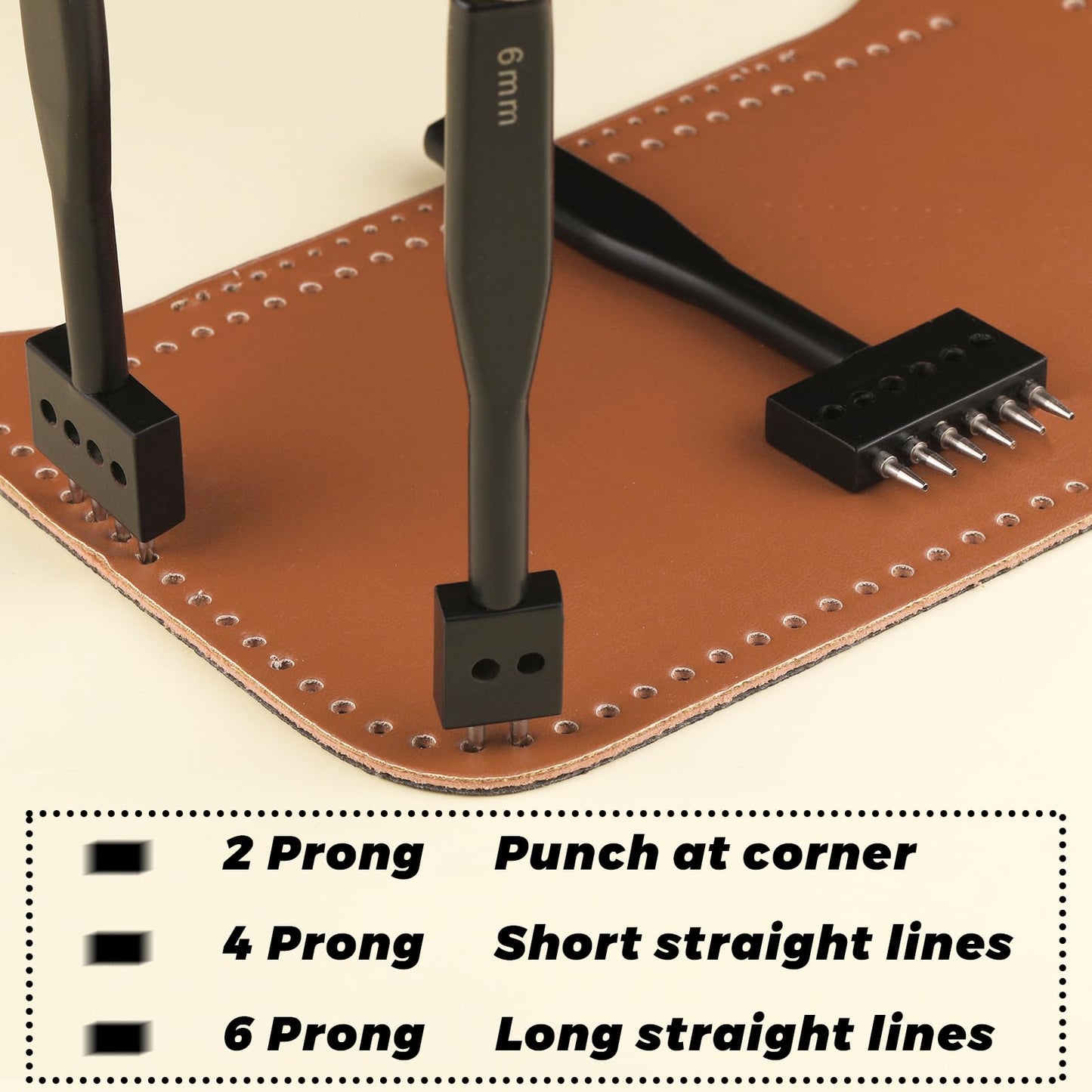 DIUDUS Leather Hole Punch, Prong Punch Tool 6mm 2/4/6 Lacing Stitching Punch, Round Hole Prong Stitching Chisel Set Leatherworking Tools for Leathercraft