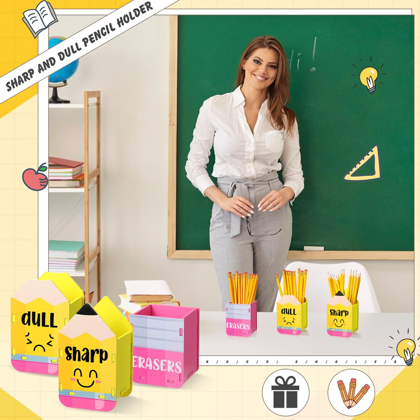 DoubleFill 3 Pcs Sharp and Dull Pencil Holder Eraser Buckets Wooden Shaped Dispenser for Back to School Teachers Classroom Management(Yellow Face)