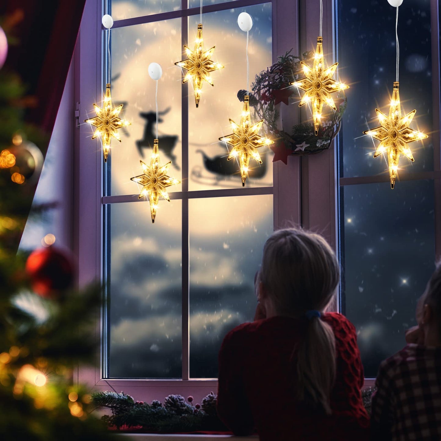 VIHOSE 6 Pcs 10.6 Inch Bethlehem Christmas Window Lights Plastic LED Lighted Christmas Window Silhouette Lights Large Hanging Xmas Tree Ornaments (Yellow)