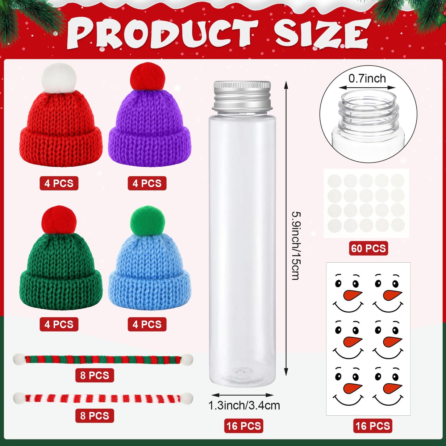 Honeydak 16 Set Christmas Candy Tubes 4 oz Hot Chocolate Clear Plastic Test Tube Bulk with Screw Caps Empty Christmas Holiday Scarf Santa Hat Snowman Gumball Candy Container for Party Gift Prizes