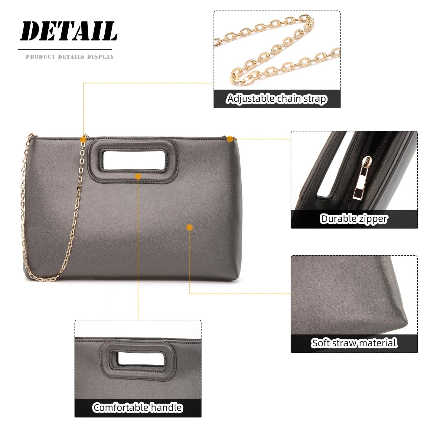 Soft PU Leather Clutch Purse for Women Top Handle Evening Handbags, Elegant Shoulder Crossbody Bag,Gray