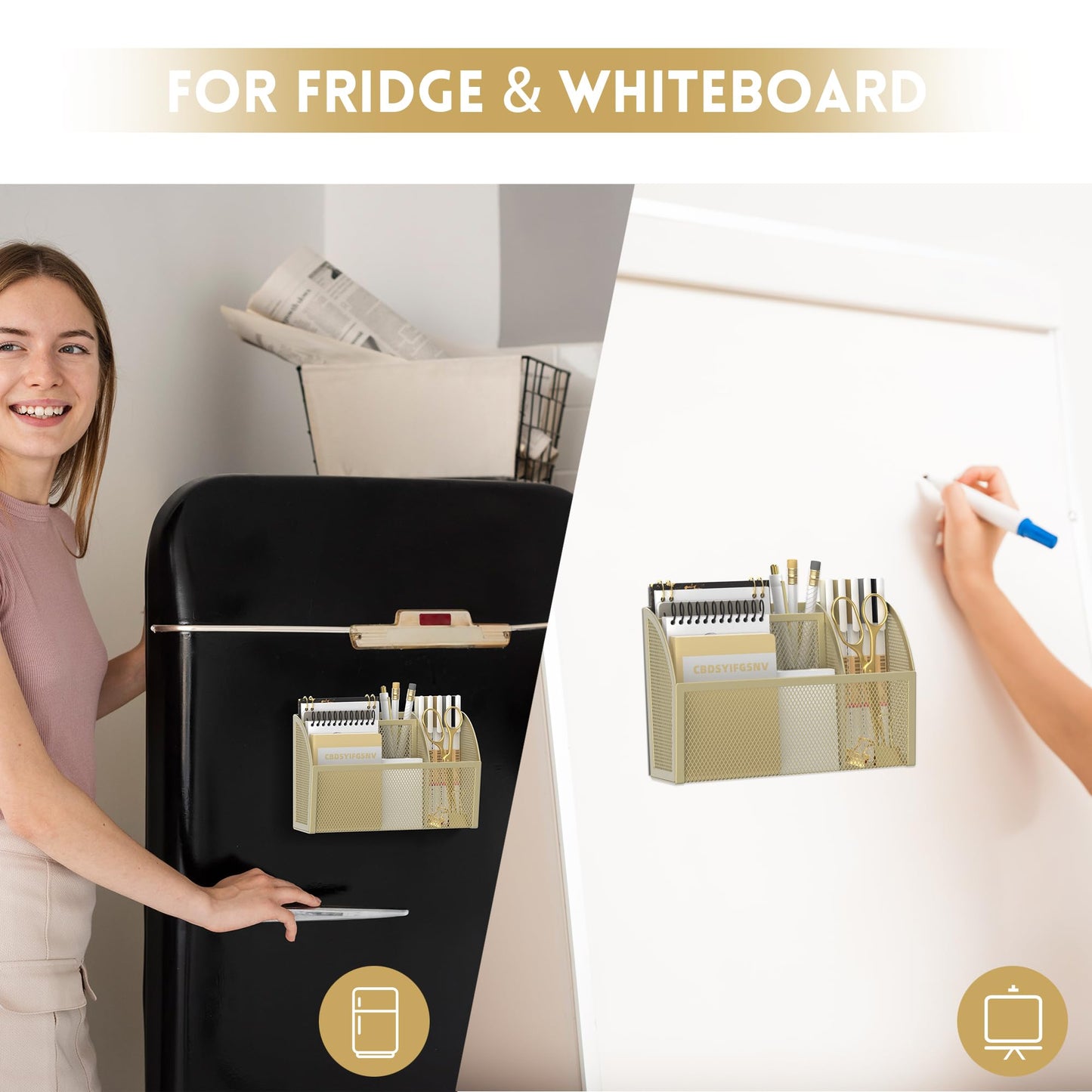 DALTACK Magnetic Pencil Holder Magnetic Shelf for the Whiteboard 3-Grid Mesh Magnetic Pen Holder for Refrigerator Magnetic Organizer Locker Accessories Organizer for Office, Yellow
