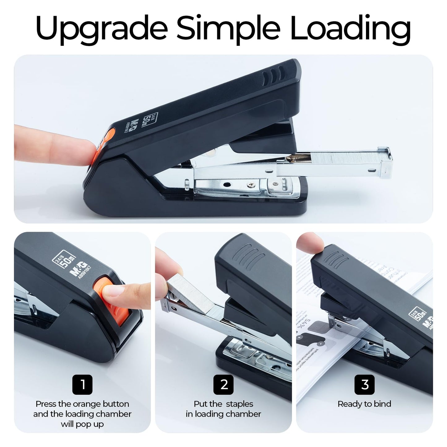 M&G Effortless Stapler 50 Sheet Capacity One-Touch Stapling, Heavy Duty Desktop Stapler Includes 1000 Staples and Remover, Portable Handheld Staplers for Home Office (Black)