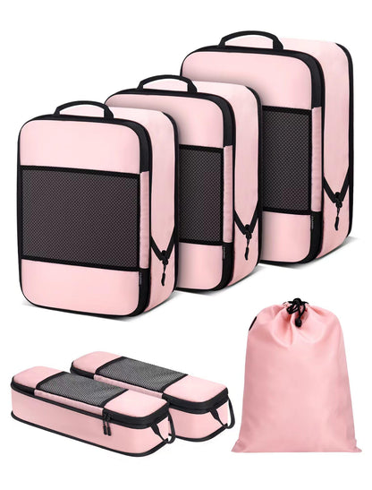SDGFUI 6 PCS Set Compression Packing Cubes for Travel, Lightweight Packing Organizer Bags Travel Essentials for Carry On, Suitcase, Home Closet - Pink