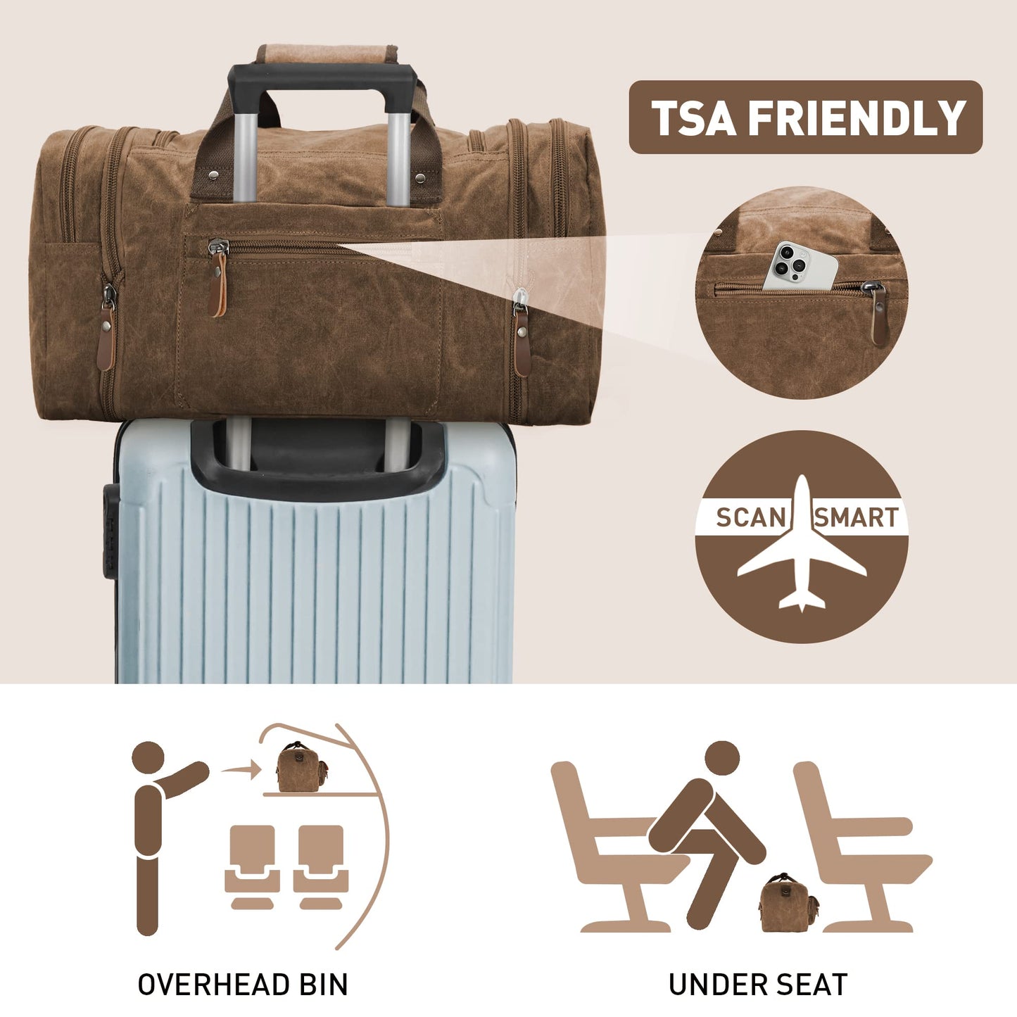Wildroad Waxed Canvas Genuine Leather 50L Waterproof Duffle Bag - Vintage Travel Weekender Overnight Carry On