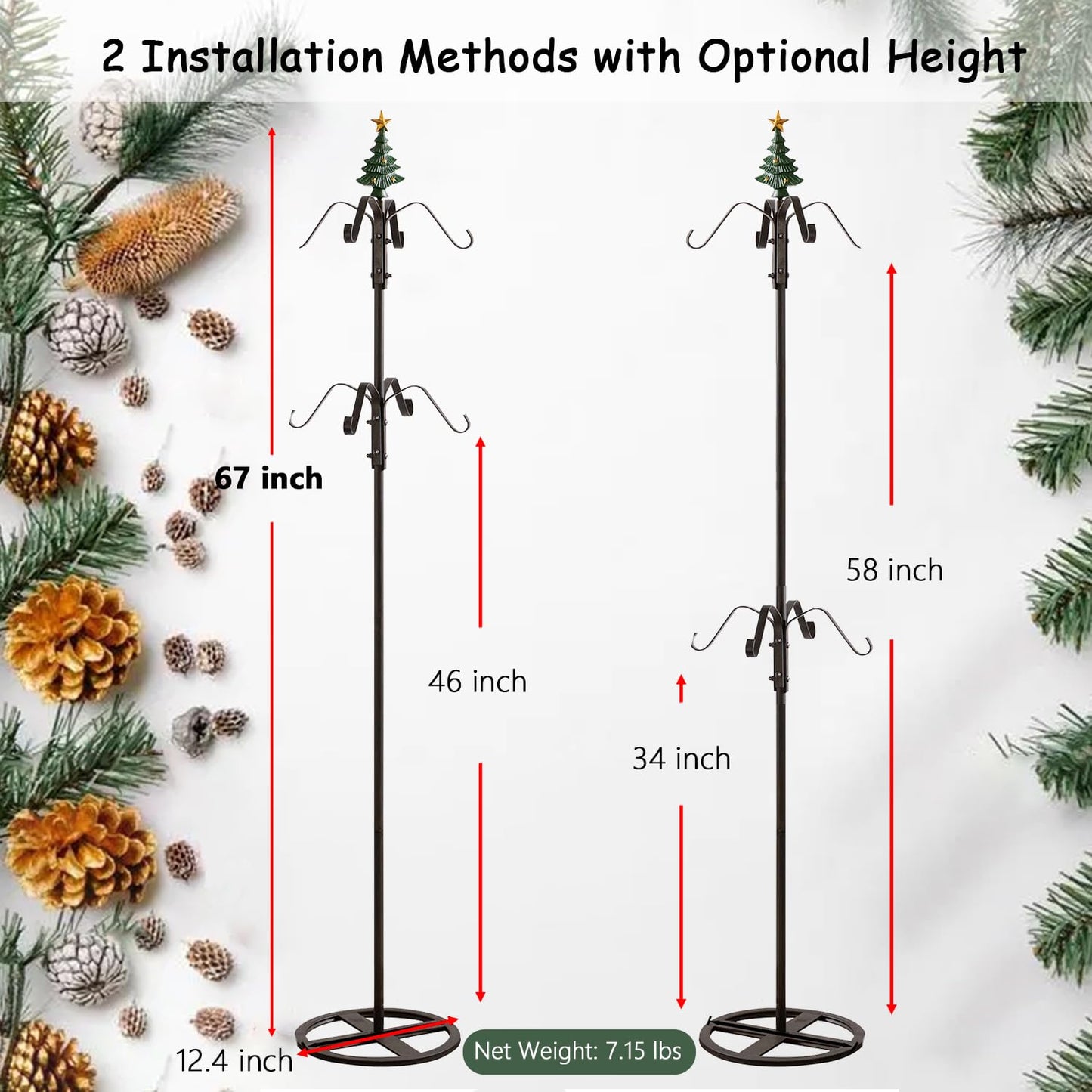 CaliDecor 67" H Freestanding Stocking Holder Stand, Christmas Metal Stocking Hanger for Floor with 8 Hooks, Stocking Stand with Cast Iron Christmas Tree Top for Holiday Decor