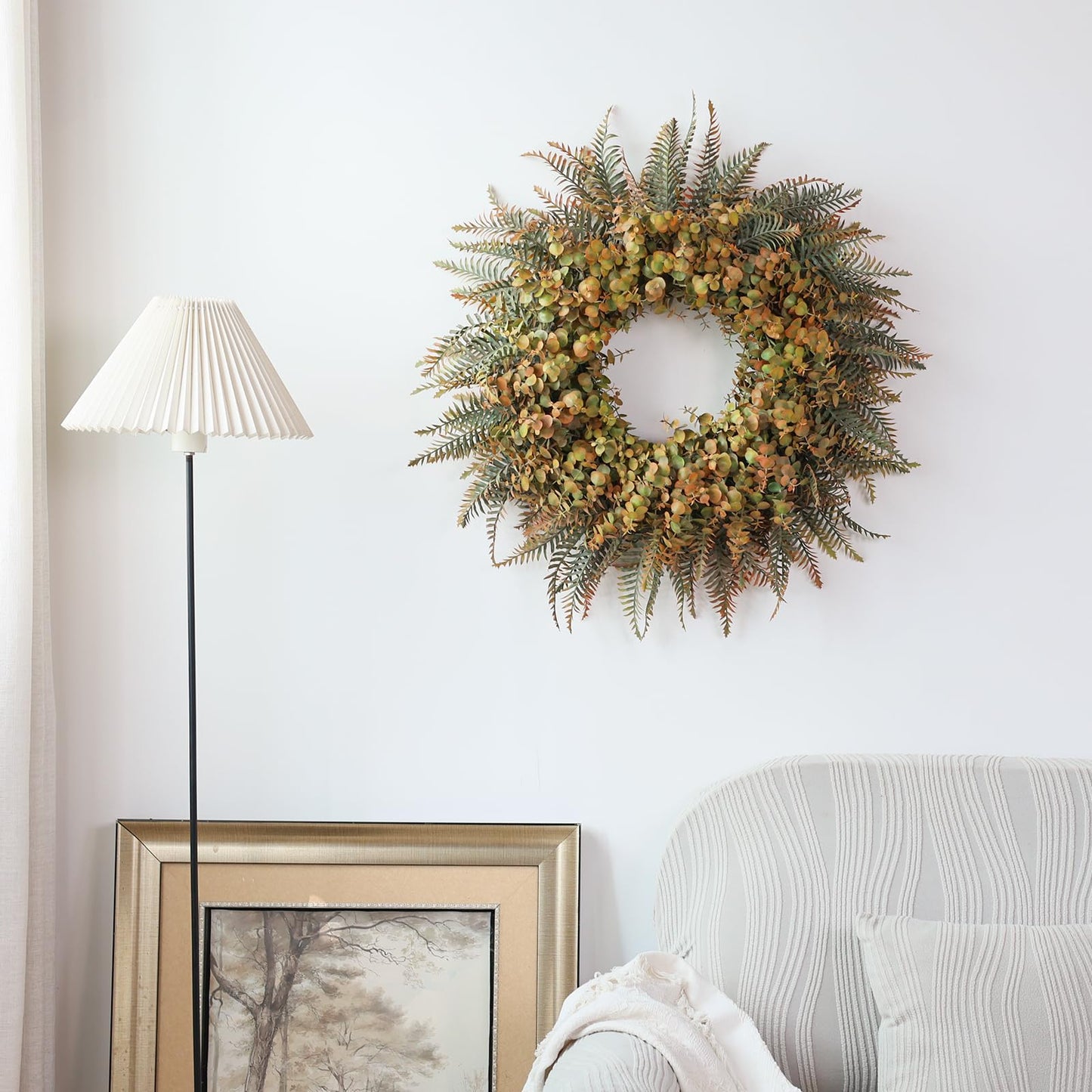 26" Fall Wreath for Front Door - Large Artificial Eucalyptus and Fake Ferns Leaves Outdoor Wreath for Porch, Window,Farmhouse,Home,Thanksgiving Day Harvest Festival Autumn Decor