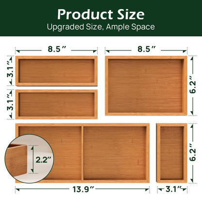Carbonized Bamboo Kitchen Drawer Organizer, 8 Slots Silverware Organizer, Utensil Holder & Cutlery Tray, 2.2" Deep for Extra Capacity, Non-Slip Feet Included