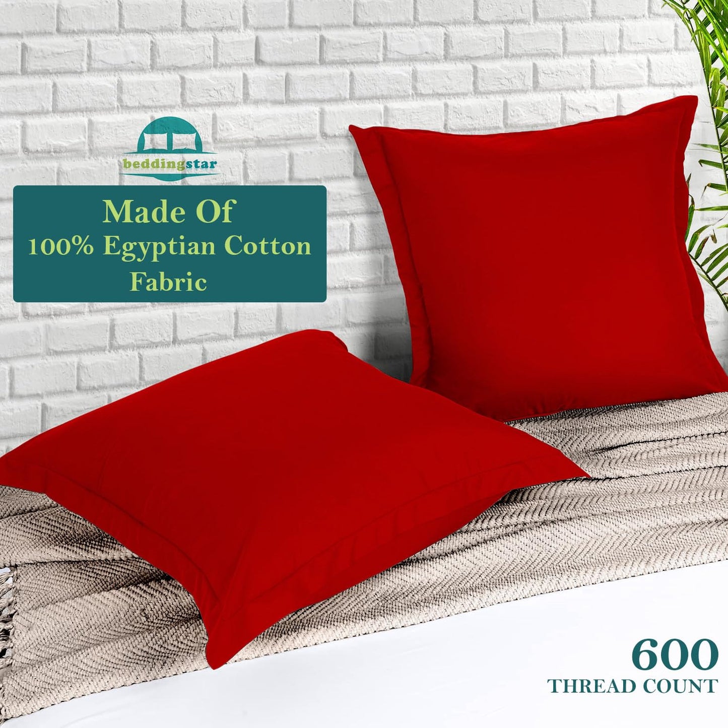Euro Sham Covers 26x26 Set of 2 Red 600 Thread Count 100% Egyptian Cotton Pack of 2 Euro 26x26 Pillow Covers Cushion Cover Cases Soft Skin Friendly European Size Decorative Square Pillow Shams