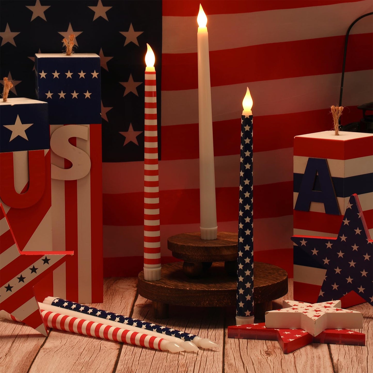 Kittmip 6 Pcs 4th of July Patriotic Flameless Taper Candles 11'' Red White Blue Battery Operated LED American Flag Stars Candles Real Wax Table Centerpiece for Independence Day Party Decor