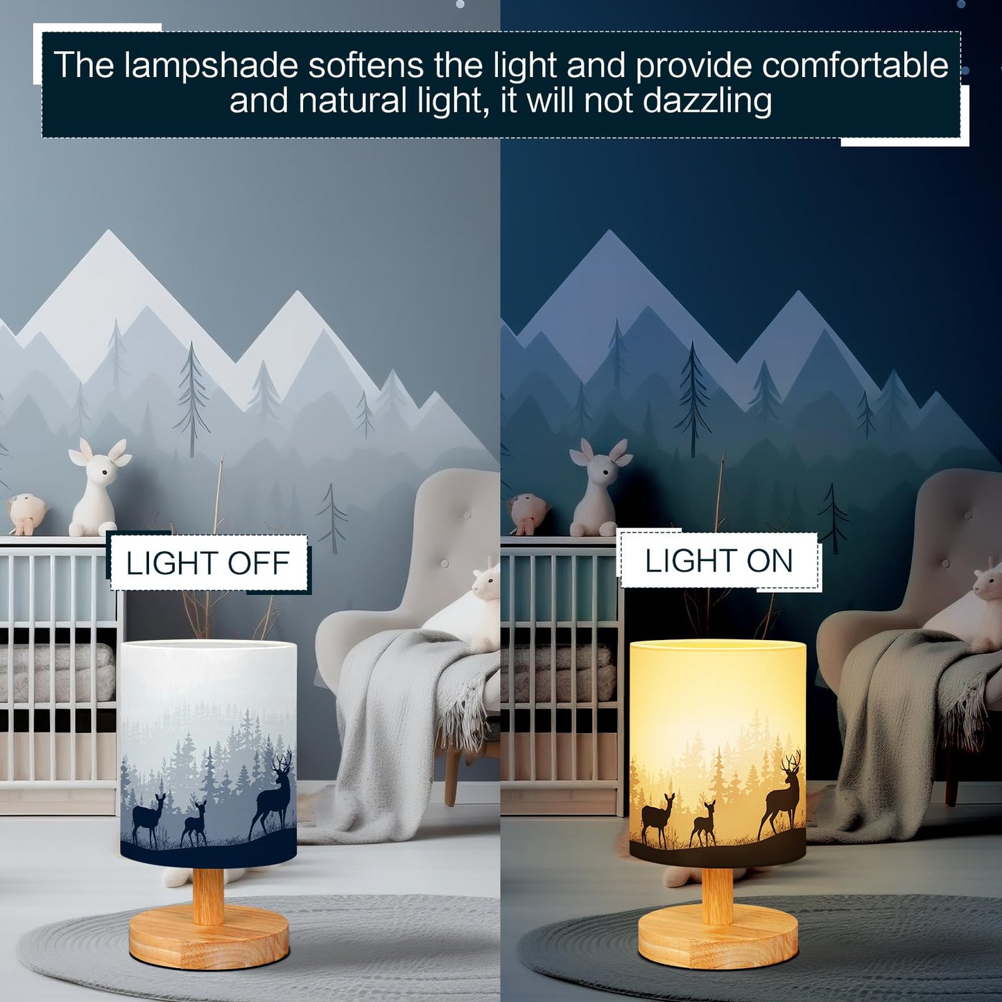 VIHOSE Woodland Deer Bedside Table Lamp Watercolor Winter Forest Tree Animal Deer Nightstand Lamp with Wood Base Fabric Lamp Shade Bedside Desk Lamp for Living Room Bedroom Kids Room Office