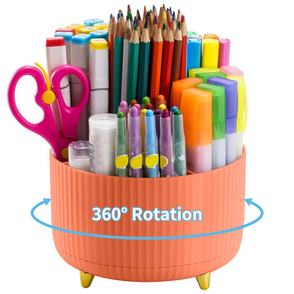 Marbrasse Desk Organizer, 360-Degree Rotating Pen Holder, Desk Organizers and Accessories with 5 Compartments Pencil Holder, Art Supply Storage Box Caddy for Office, Home（Orange）