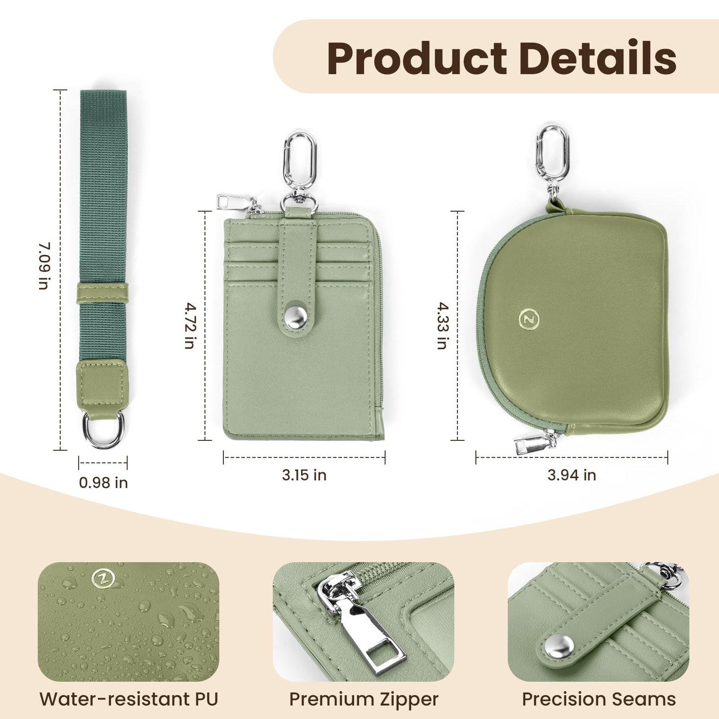 Keychain Wallet Wristlet Wallets for Women, RFID Blocking PU Leather Dual Pouch Wristlet with Card Holder, Slim Detachable Coin Purse for Quick Errands, Gym & Travel, 3-in-1 Zip Wallet Set,Green