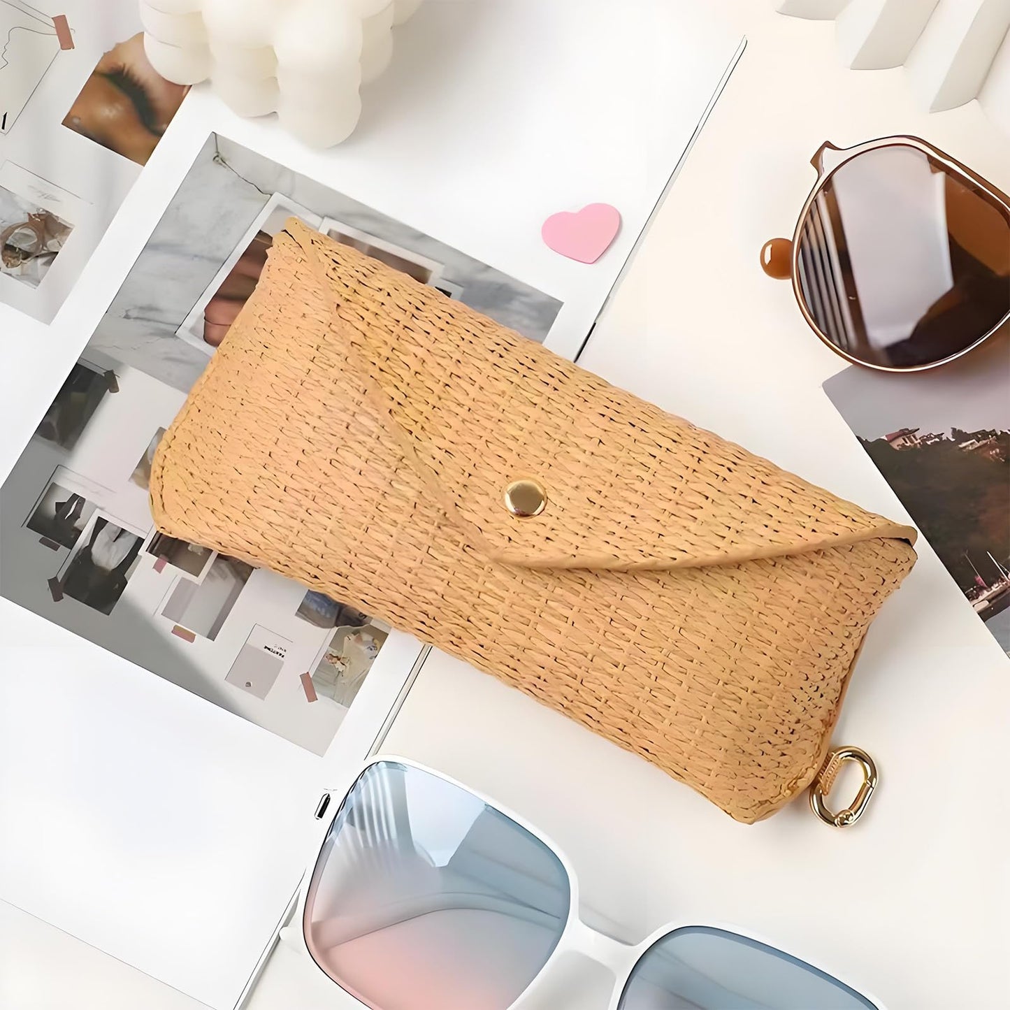 kytasryl Soft Leather Sunglasses Bag,Travel Sunglass Holder Eyeglass Case Portable Slim Sunglasses Pouch (Woven Straw)
