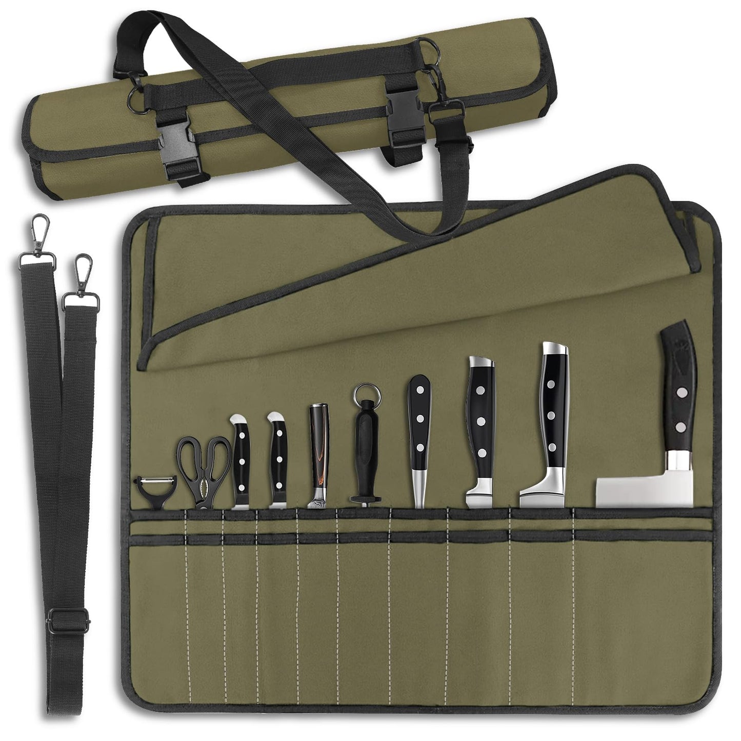 QIQU Army Green Chef Knife Bag With 20 Slots Cutlery Knives Holders Protectors, Home Kitchen Travel Cooking Tools, Portable Canvas Knife Roll Storage Bag Chef Case for Camping or Working