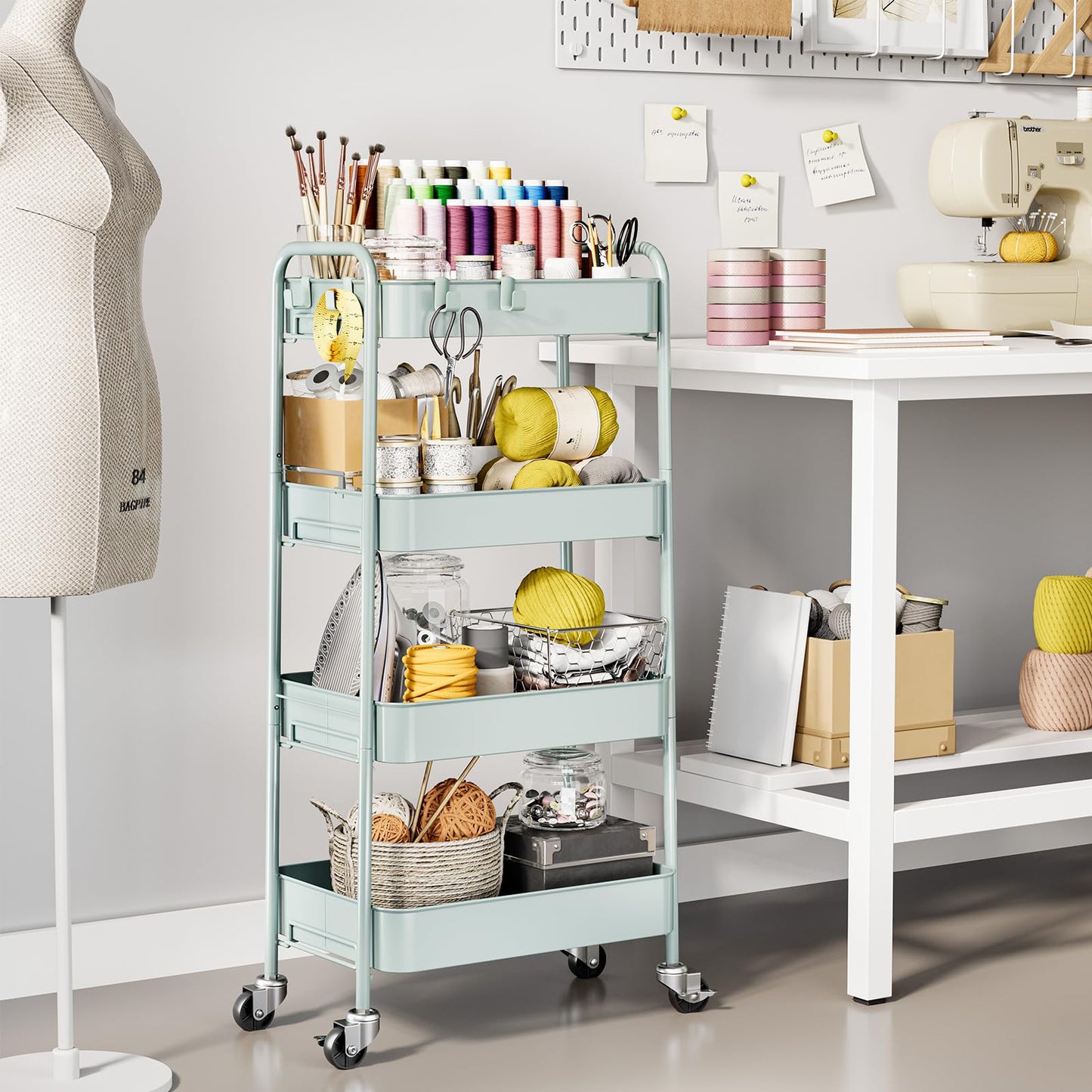 TOOLF 4-Tier Rolling Cart - Metal Storage Organizer with Lockable Wheels, 44 lbs Per Shelf Capacity, Tool-Free Assembly, for Kitchen Bathroom Office Laundry Room Nursery, Green