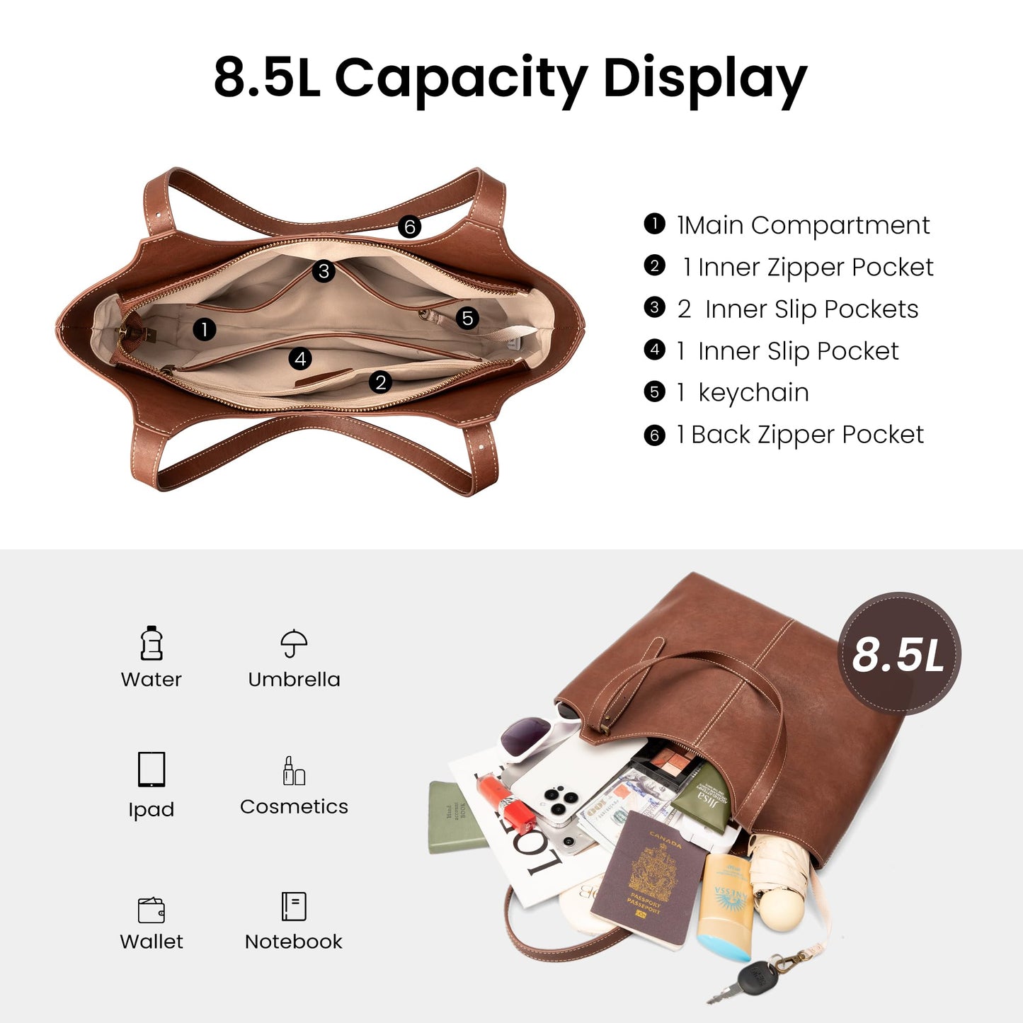 befen Genuine Leather Tote Bags for Women Work, Real Brown Leather Shoulder Handbags Zippered Satchel Purses with Adjustable Strap for Casual Shopping Travel Taupe, Brown