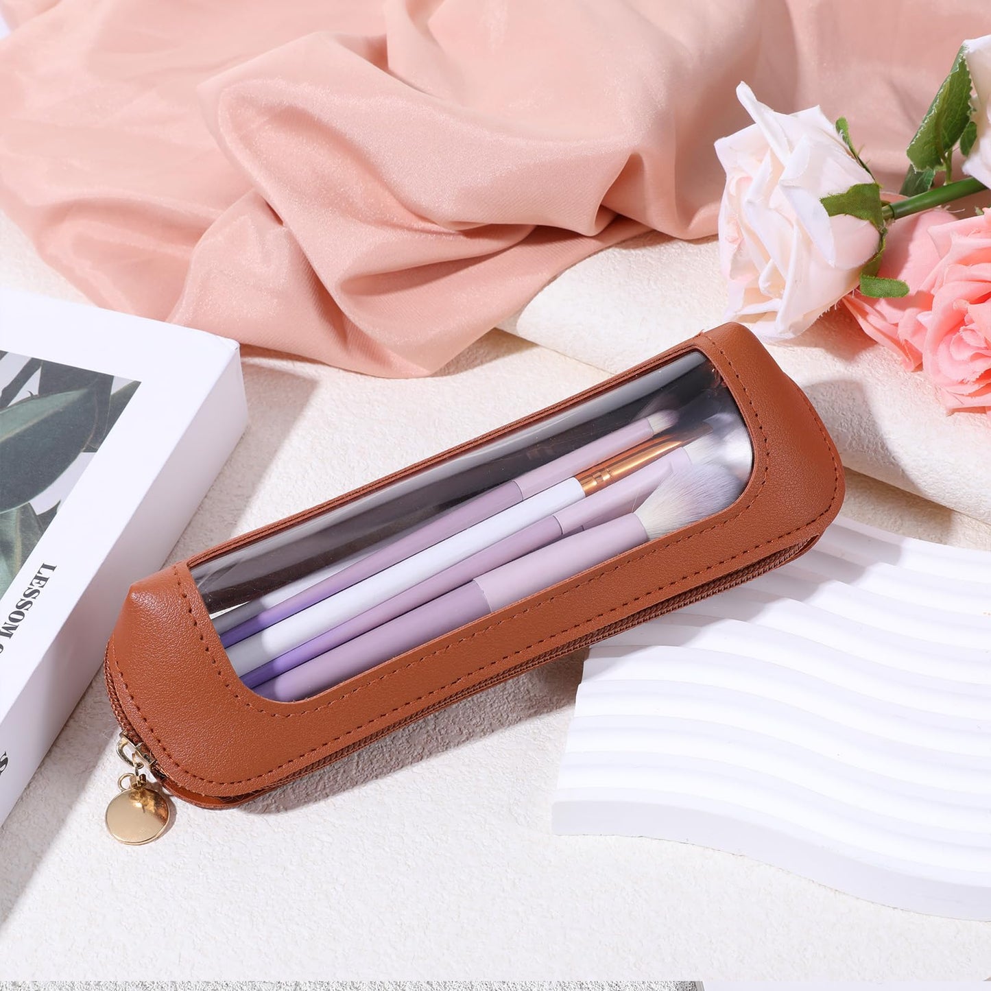 Small Clear Makeup Pouch, PU Leather Makeup Brush Bag Portable Travel Mini Cosmetic Bag Transparent Waterproof Organizer Pouch with Zipper for Women Home Travel Office Cosmetic Storage (Brown)