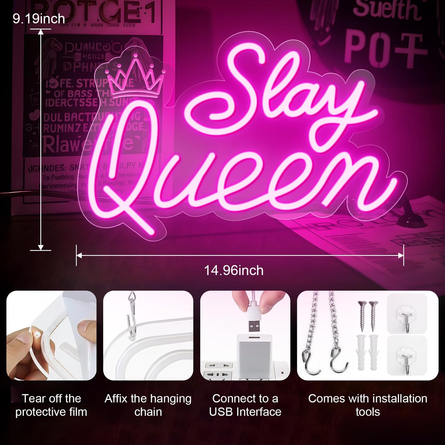 Slay Queen Neon Sign for Wall Decor, Adjustable LED Light Up Signs USB Powered Pink White Neon Sign for Girl Women Birthday Valentines Christmas Bedroom Dorm Wall Art Decor