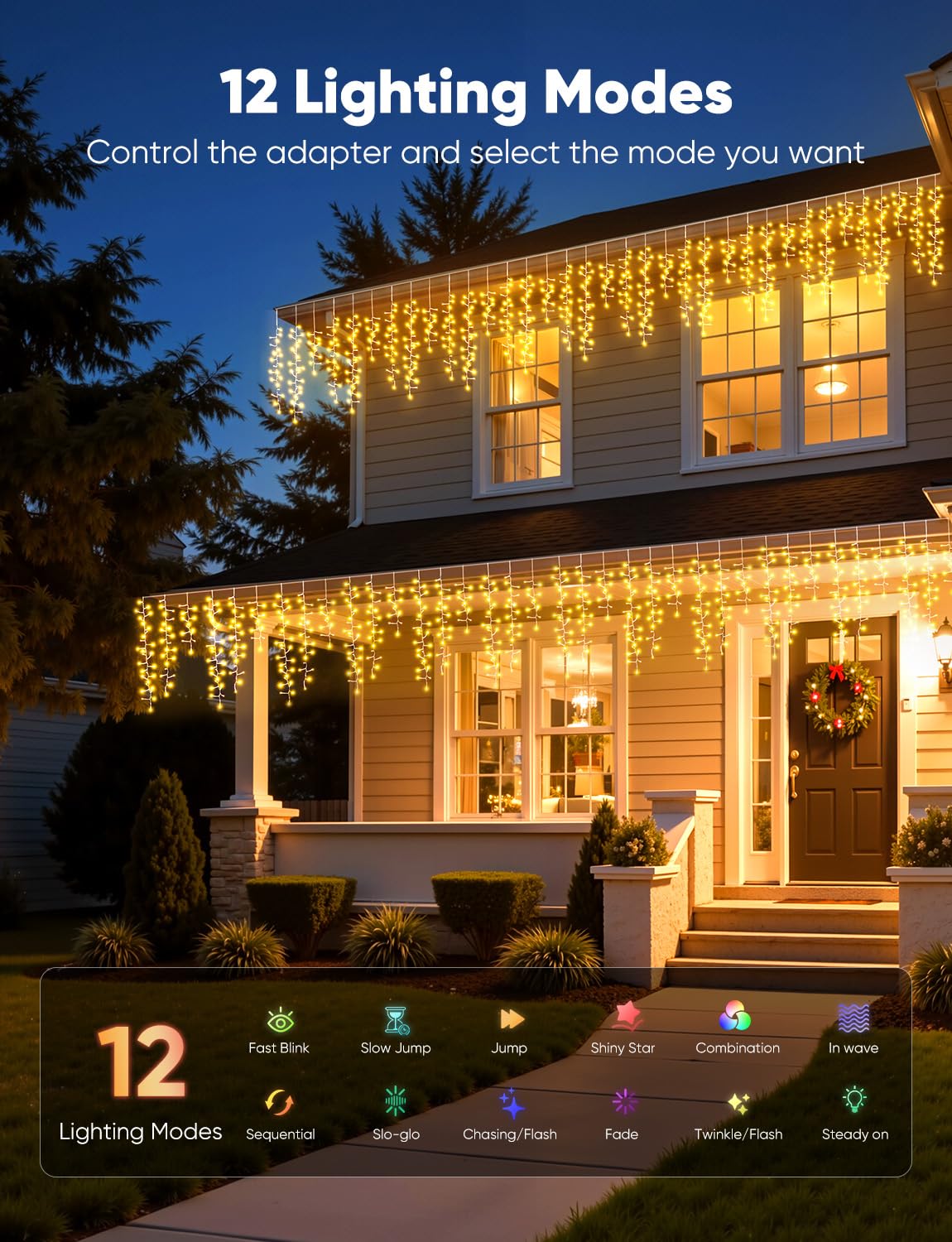 Brightown Icicle Christmas Lights Outdoor, 40FT 1200 LED Cluster Icicle Lights with 60 Drops,12 Mode, Connectable Firecracker Light with Timer, Waterproof Christmas Light Outdoor, Warm White