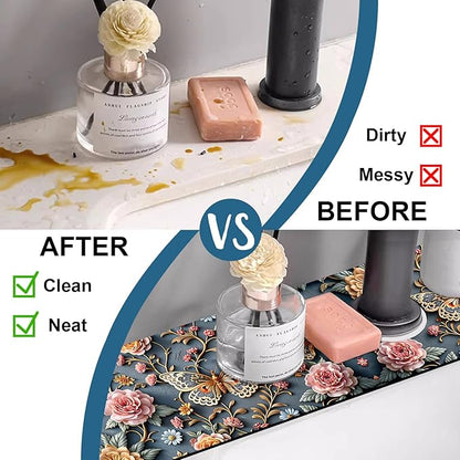 Gold Butterfly Kitchen Sink Splash Guard Faucet Mat Pink Floral Super Absorbent