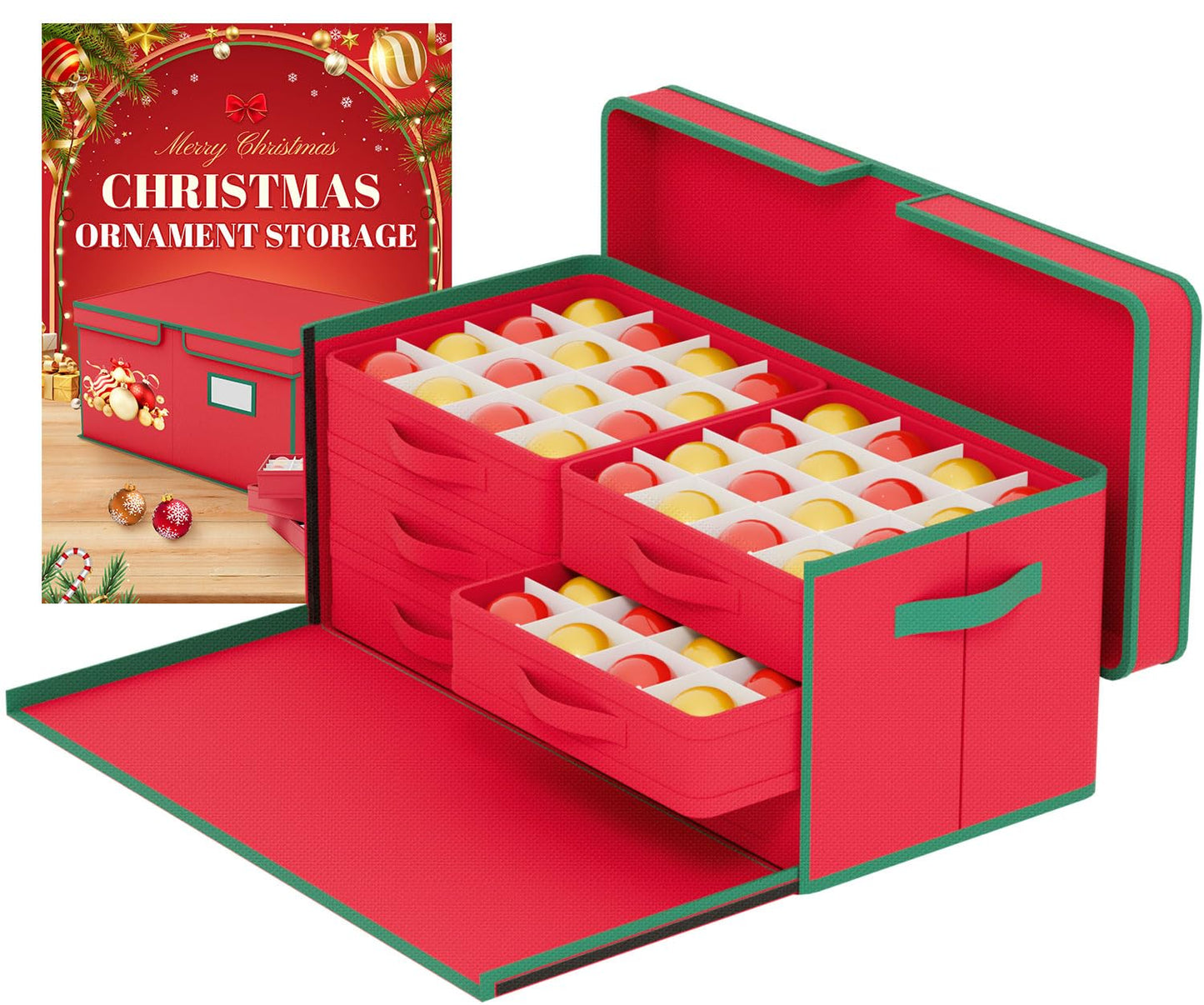FUHSY Christmas Ornament Storage Box 96-3" Slots Adjustable Dividers Ornament Storage Container Ornament Organizer with Trays Stackable Christmas Storage Bins with Lids Holiday Ornament Boxes