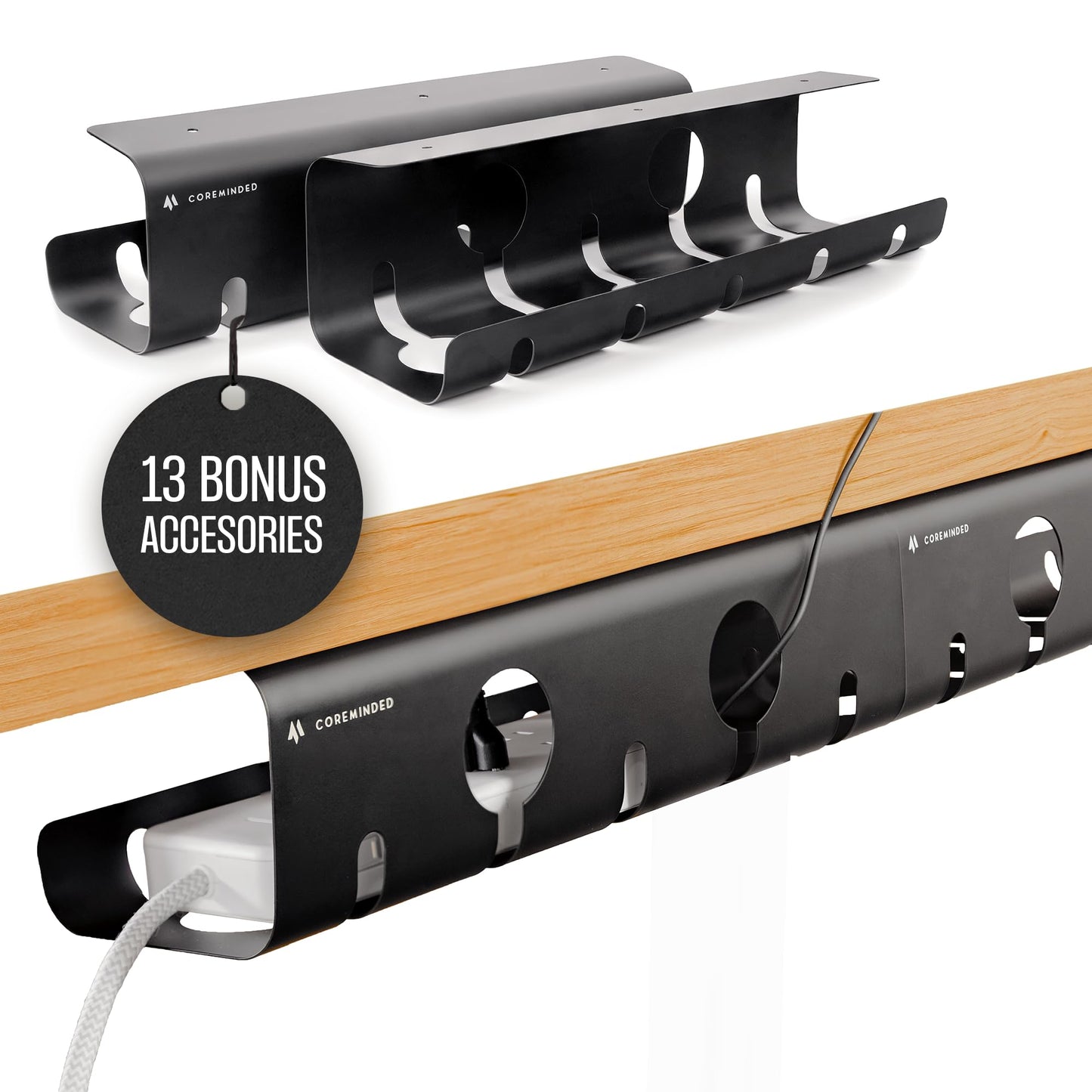No-Drill Under Desk Cable Management Tray - 2-Pack Wire & Cord Organizer - Standing Desk Cable Management - Power Strip Holder - M