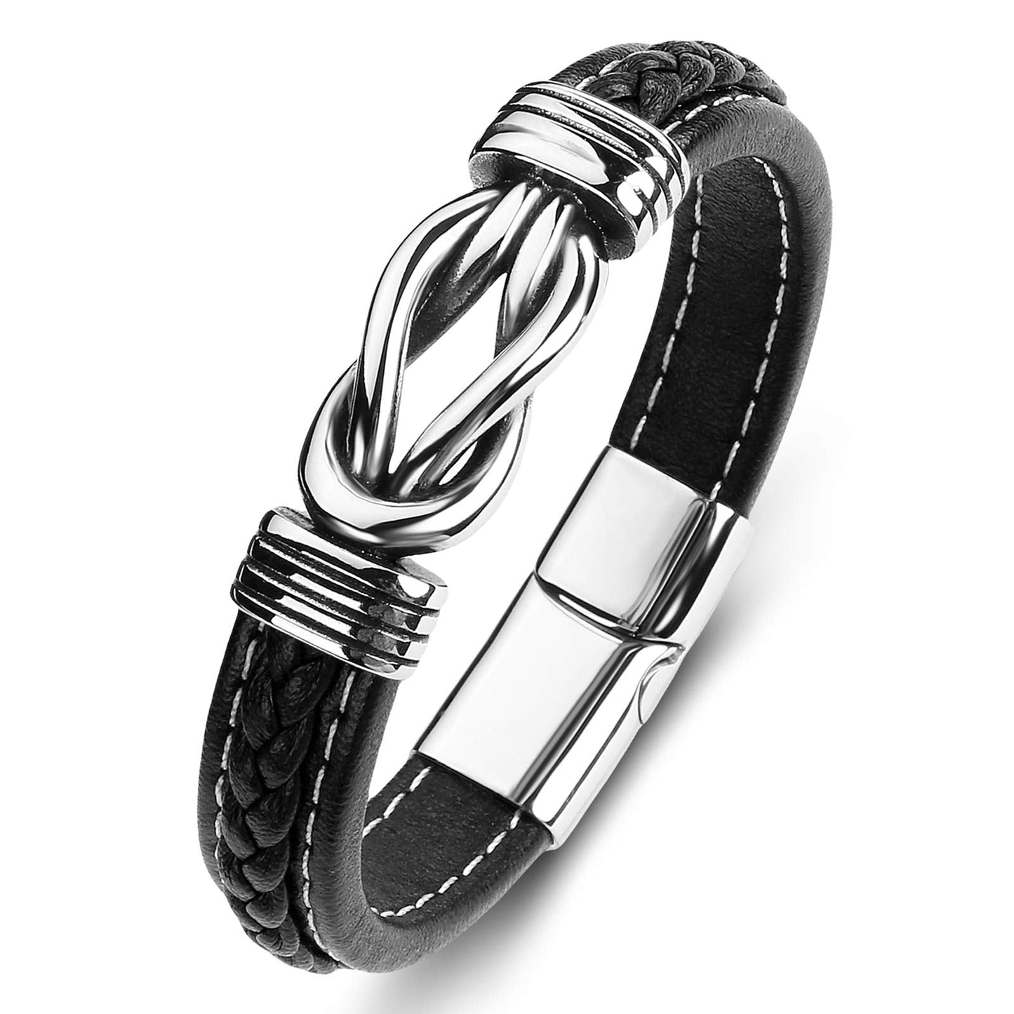 LJWVX Mens Leather Bracelet,Braided Leather Wristband Cuff Bracelets Stainless Steel Clasp,Jewellery Gift for Men Black 8.0inch