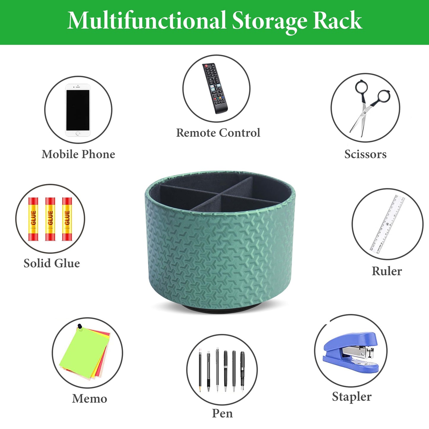 QIELIZI Round Leather Art Supply Organizer,Remote Control Holder,360 Degree Rotating,Multi-Functional Pencil Holder,4 Compartments Desktop Stationary Organizer(1-Triangle Green)