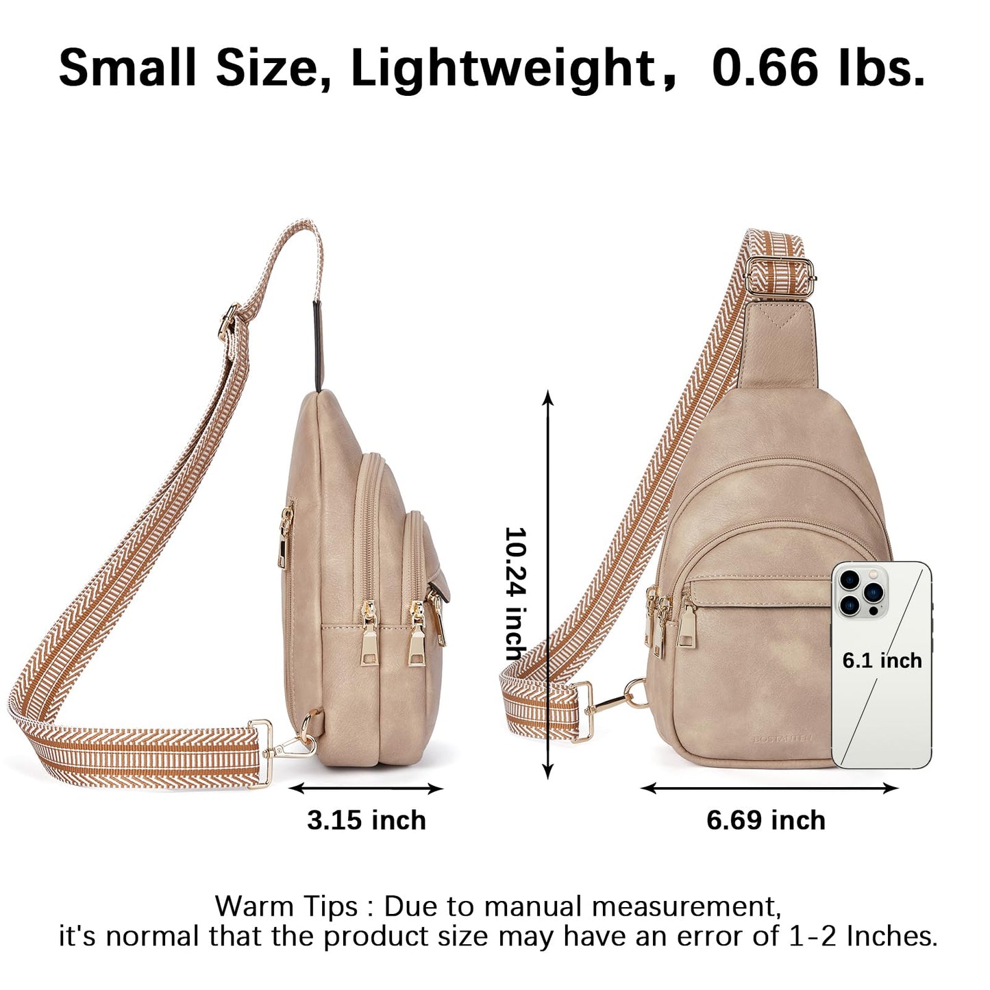 BOSTANTEN Small Sling Bag for Women Leather Crossbody Bags Fanny Pack Chest Bag for Travel, Light Brown