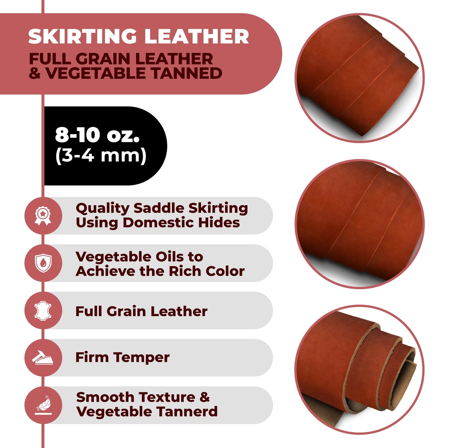 ELW 8-10 oz (3-4 mm) Skirting Veg Tan Leather | Chestnut 1-2 SQFT| Thick Cowhide Tooling Leather Sheet for Belts, Saddle, Holster, Sheaths, Bulk Real Leather Pieces, Crafts, Remnants, Scraps USA