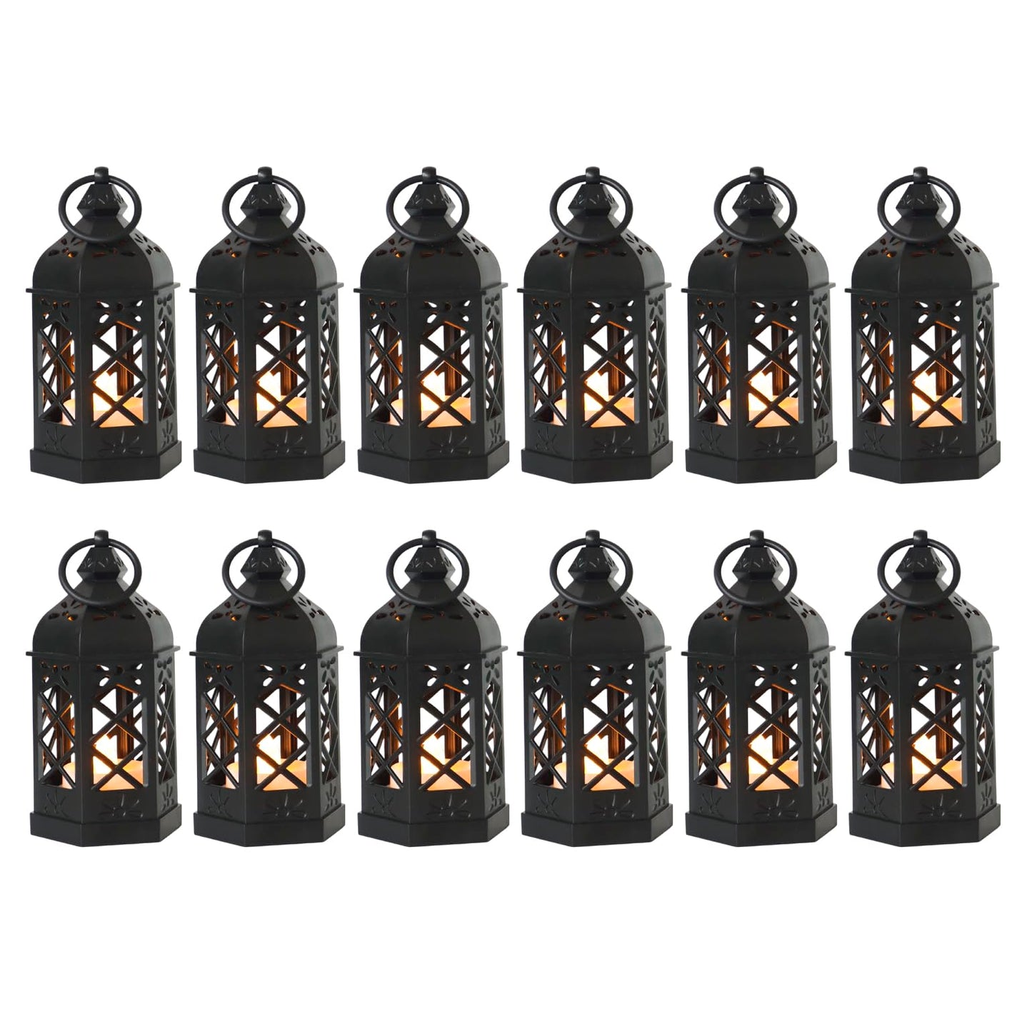 Reperla 12-Pack Mini Lanterns with Flickering LED Candles for Ramadan, Moroccan Decorative Hanging Lanterns for Halloween, Christmas, Wedding, Black Lantern for Table Centerpiece, Home & Party Decor