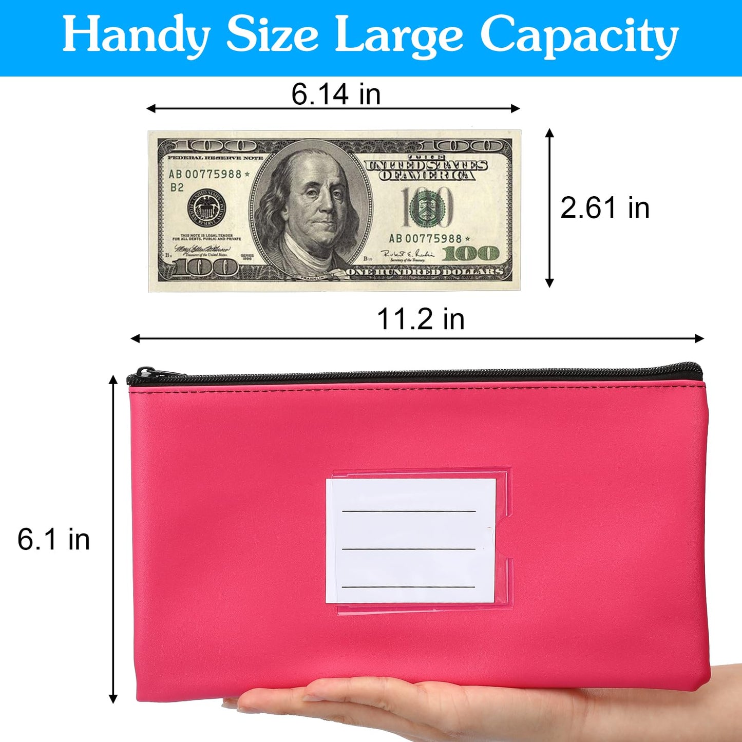 10 Pack Money Bags with Zipper, PU Leather Cash Pouches with Label, 11 x 6 Inches, Bank Deposit Bag for Coins, Bills, Checks, Invoices, Cosmetics, Tools, 10 colors