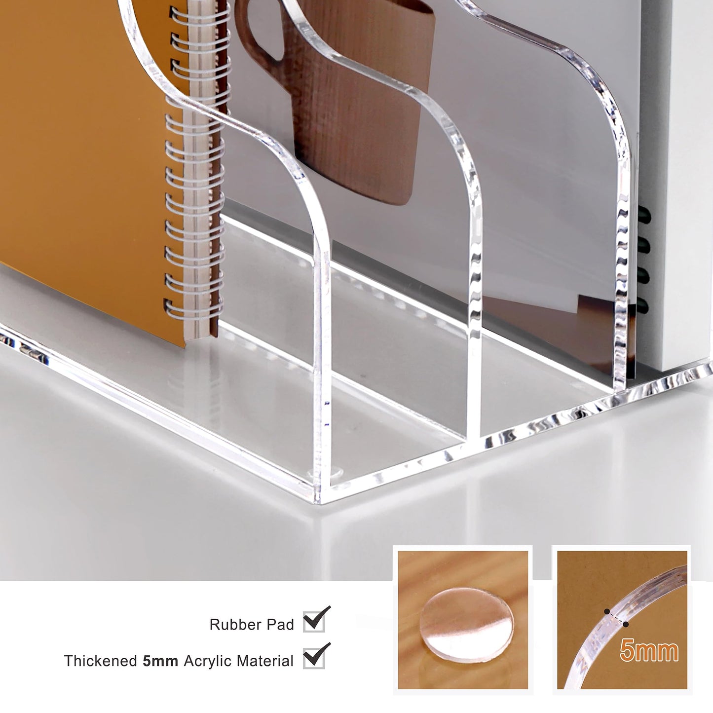 SANRUI Acrylic Desk Organizers, Clear Magazine File Holder, 5 Vertical Compartments A4 Folder Binder Holders Sorter, Office Desktop Workspace Organization Storage Rack for Office Home School