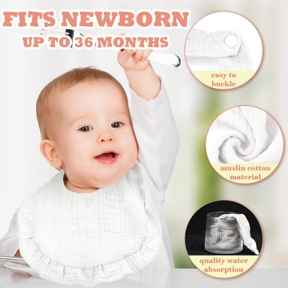 Seematn 10 Pcs Baby Muslin Bibs Drool Bibs Bandana Ruffle Soft Cotton for Newborn Baby Infants Girl Teething Toddlers Boy(White)