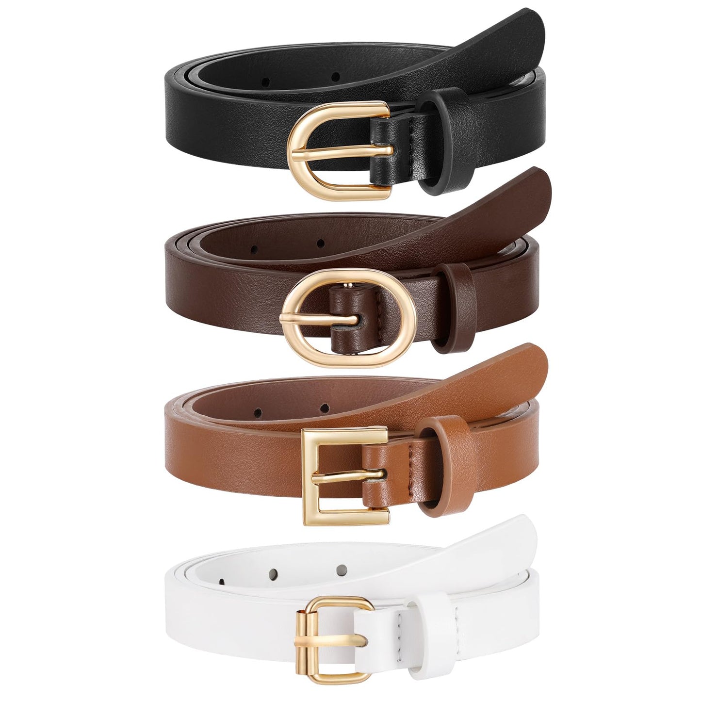 JASGOOD 4 Pack Women Skinny Leather Belt for Dresses with Gold Buckle Ladies Thin Waist Belt for Jeans Pants，Black+Brown+White+Coffee