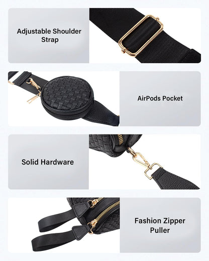 Valentoria Large Woven Leather Crossbody Bags for Women Bum Bag Sling Bag Purse With Adjustable Strap Detachable Wallets Must Haves Cross body Bag (Black Checkered)