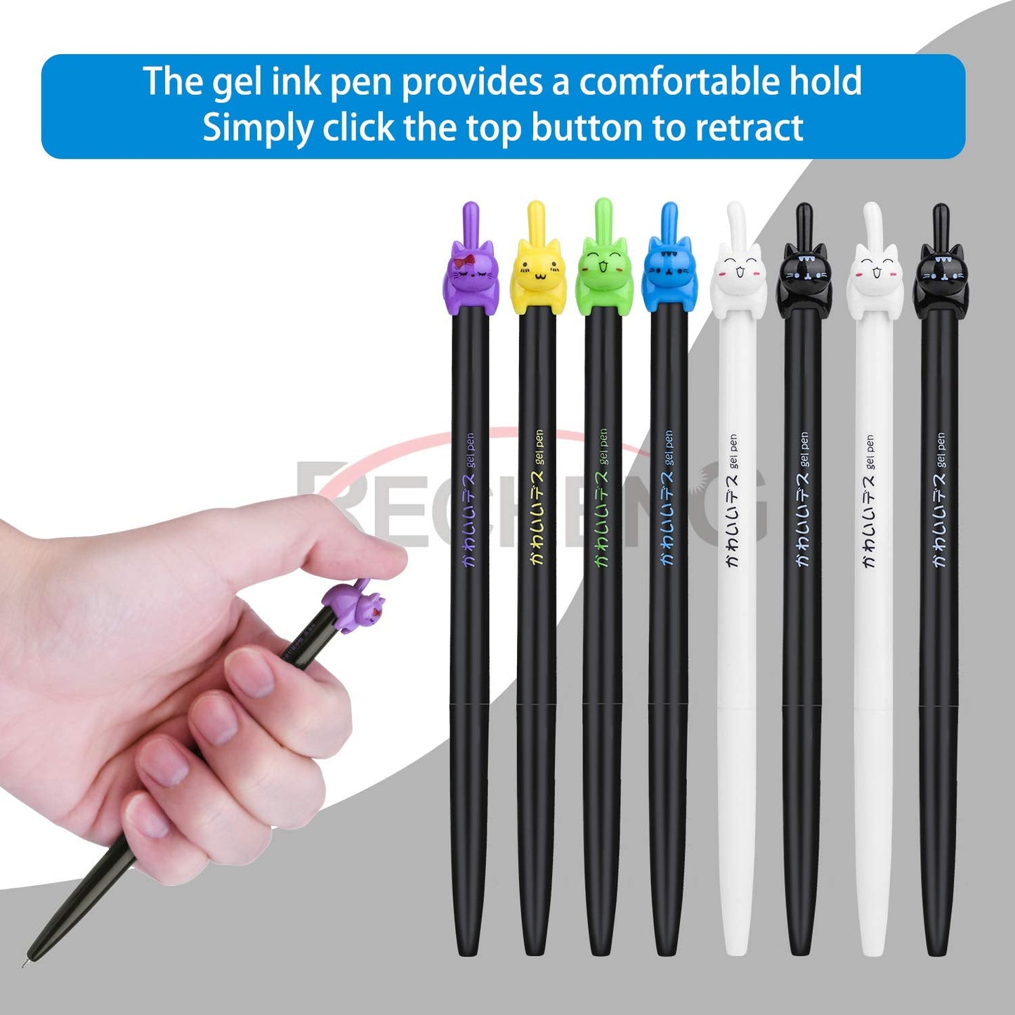 RECHENG retractable cat gel pens,Fine Point 0.5mm black ink,Cute kitty fun ball point pens for girls School Office Supplies,12pcs fun pens.